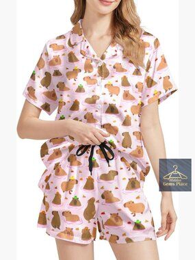 Satin Pajama Set Short Sleeve Button Down Top & Shorts 2 Piece Sleepwear Set